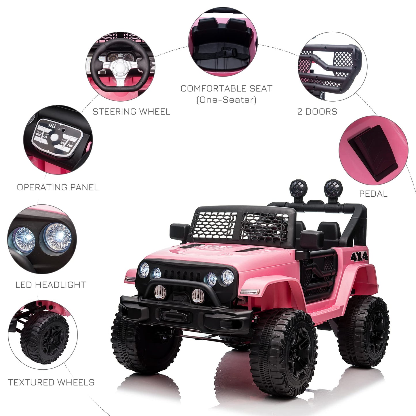 Aosom 12V Kids Ride On Truck With Parent Remote Control, Battery Powered Electric Car With Spring Suspension, Adjustable Speed, Led Lights And Horn, Pink