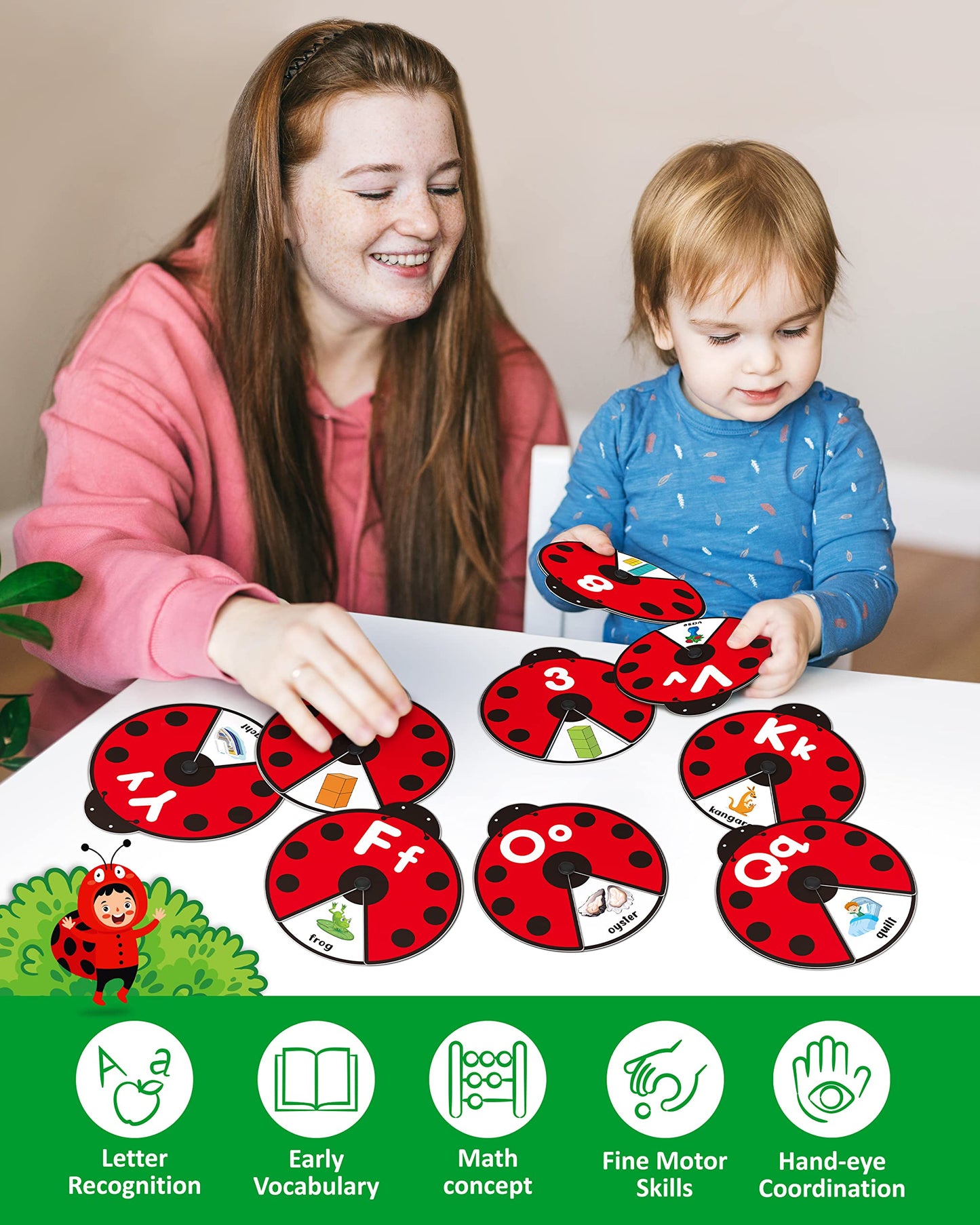 Coogam Interactive Alphabet Learning Toy, Abc Number Letters Spinning Game, Sight Words Animal Pattern Ladybug Cards, Montessori Educational Toy Gift For 3 4 5 Year Old Baby Toddlers