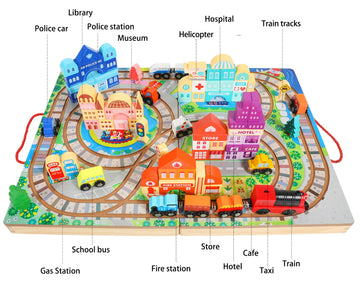 Large Wooden Building Blocks Set, Electric Train City Construction Stacking Blocks Preschool Learning Educational Toys,Wooden Take-Along Tabletop Railroad Play Set For Toddlers