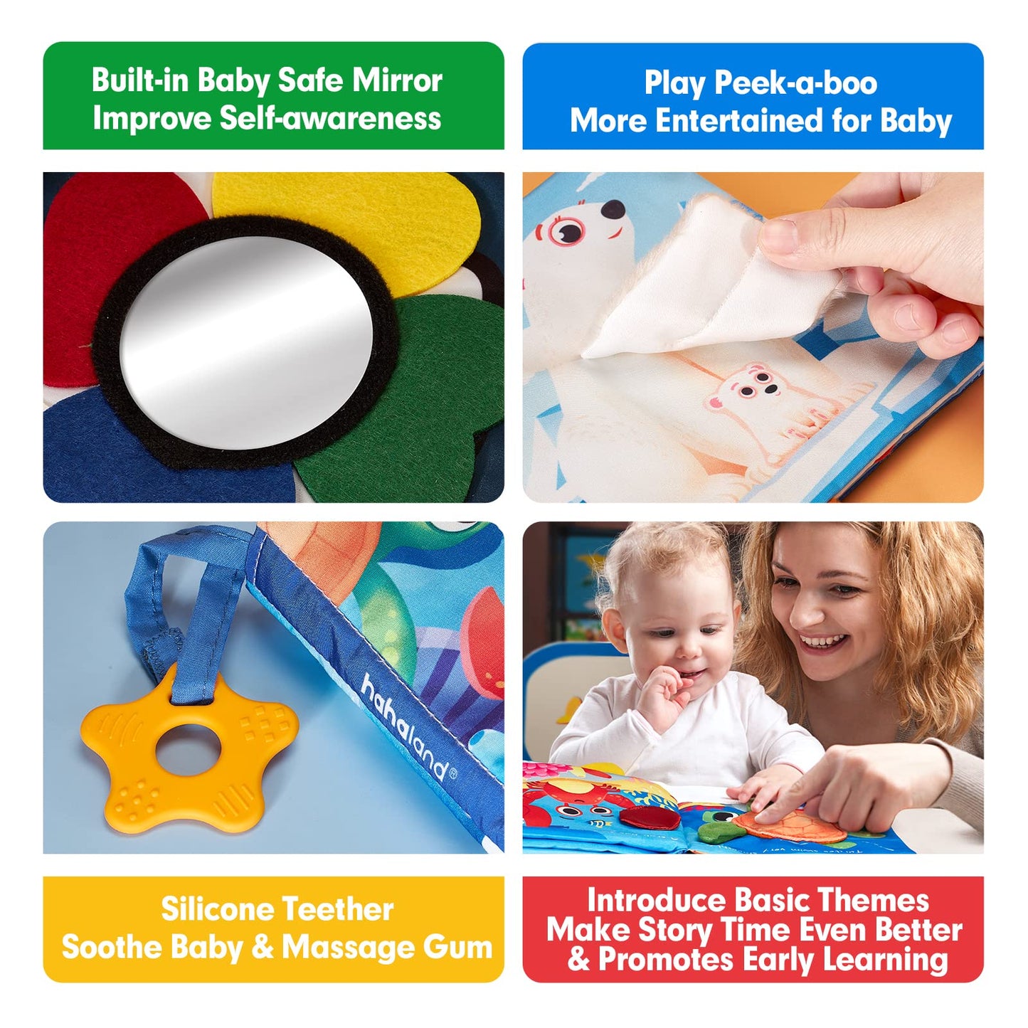 Hahaland Baby Books 0-6 Months - 2 Pcs Sensory Montessori Toys For Babies 0-6 Months With Crinkle Squeaky Sounds, Mirrors, Teethers - Soft Cloth Tummy Time Book Newborn Infant Toys