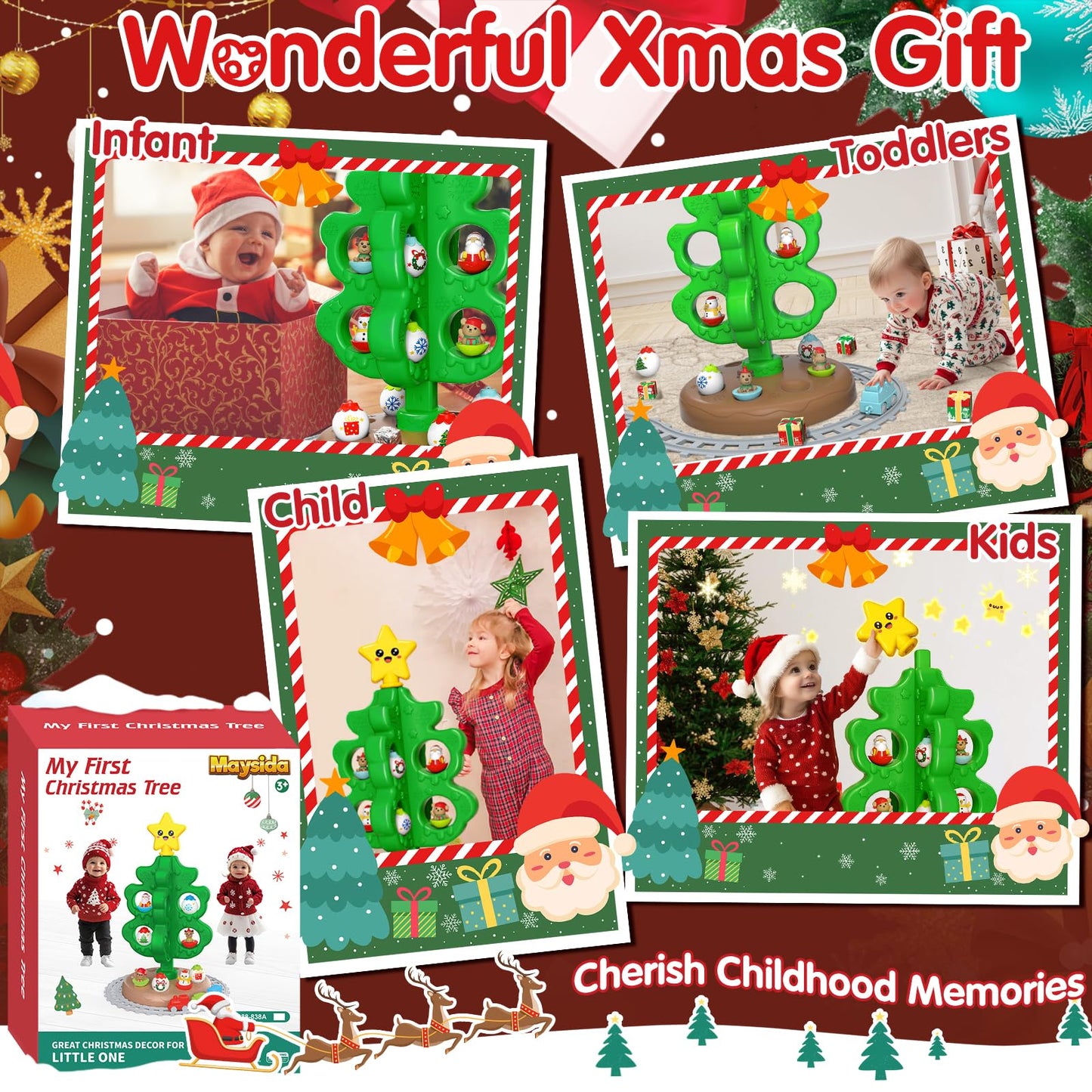 maysida Baby First Mini Christmas Tree for Kids, Learning Toys Colorful Plastic Finger Puppets Snowman/Elk/Santa Tumblers for To