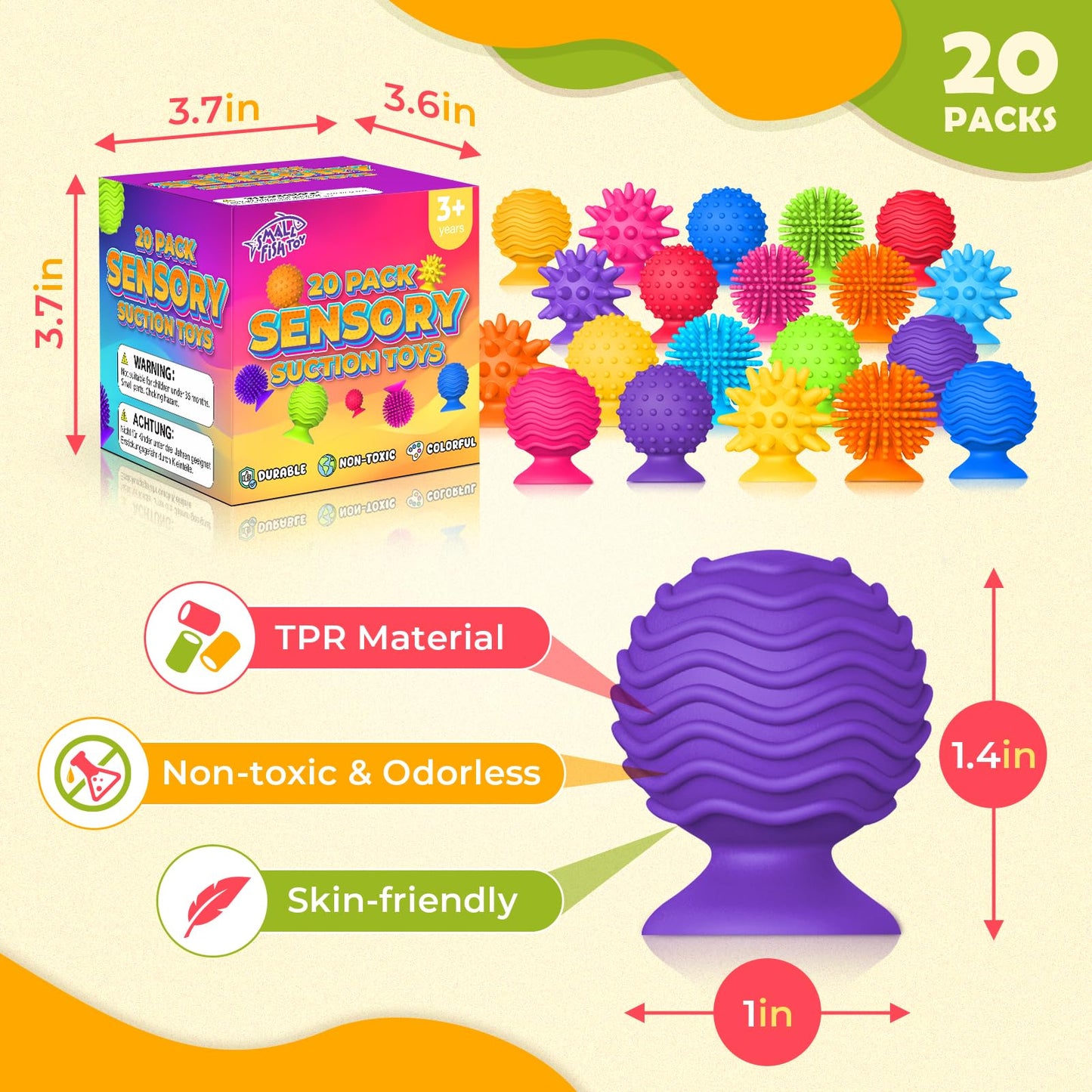 SMALL FISH Sensory Fidget Toys - 20 Pack Textured Suction Cups, Colorful TPR, Ideal for Kids & Adults, Autism Classroom Supplies