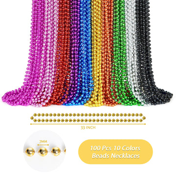 ZYFLSQ 100 Pcs Mardi Gras Beads Necklaces Bulk, 33'' 7mm Multi Colors Metallic Beaded Necklaces for Party Costume Necklaces