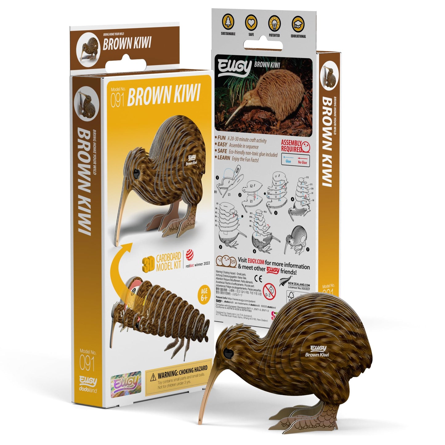 Eugy Brown Kiwi 3D Puzzle, 24 Piece Eco-Friendly Educational Learning Puzzles For Kids 6+