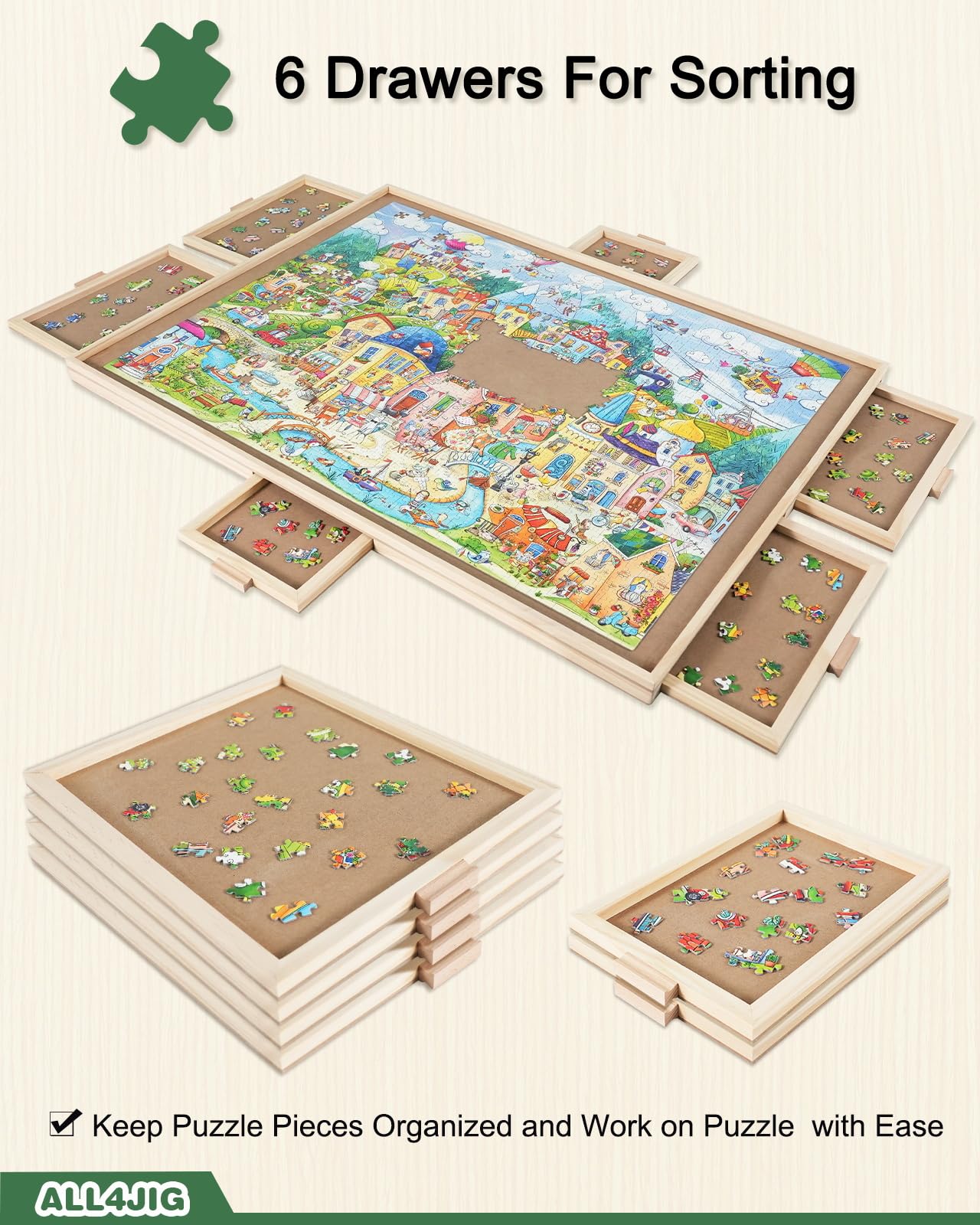 All4Jig 1000 Pieces Rotating Puzzle Board With 6 Drawers And Cover,22''X30''Portable Wooden Jigsaw Puzzle Table For Adults,Lazy