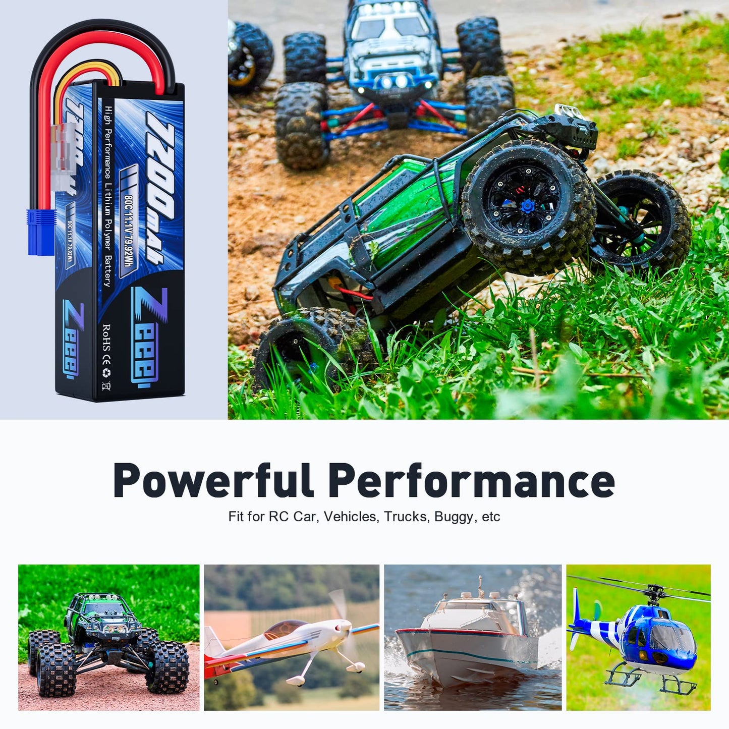 Zeee 3S Lipo Battery 7200mAh 11.1V 80C with EC5 Connector Hard Case Battery Compatible with RC Car RC Truck RC Boat LOSI Associa