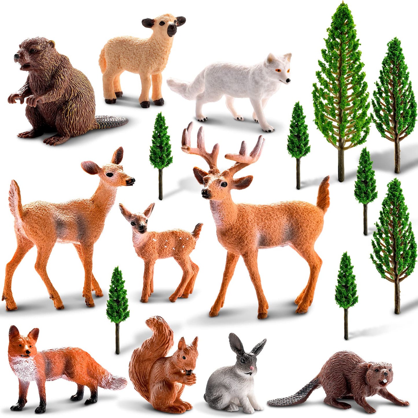18 Pcs Forest Animals Figurines Woodland Animals Toys Model Trees Kit Miniature Plastic Toys Realistic Wild Forest For Cake Toppers Birthday Party Favor(Forest Animals)