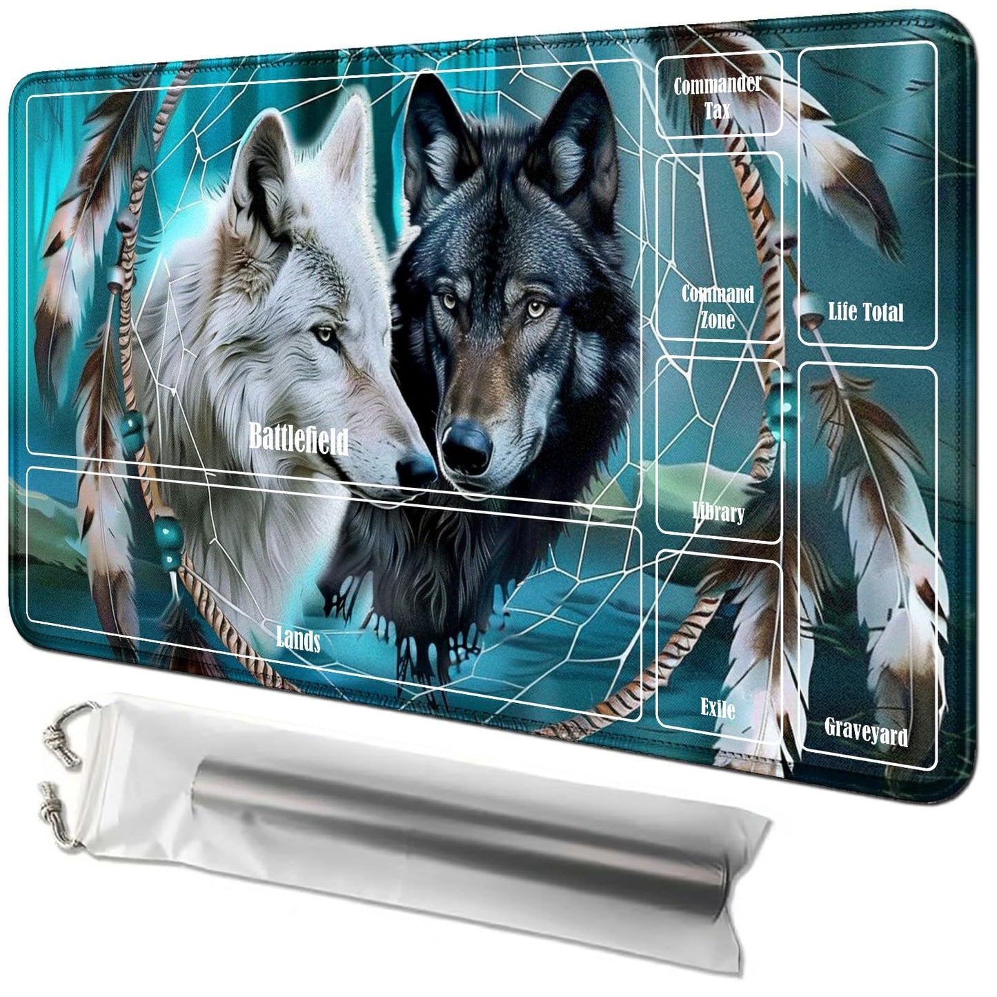 Rwutytiul Wolf Card Playmat 24 X 14 Inch With Tube Bag, Card Gameplay Playmat With Zones Commander Deck Board Mtg Rpg Ccg Tcg Ca