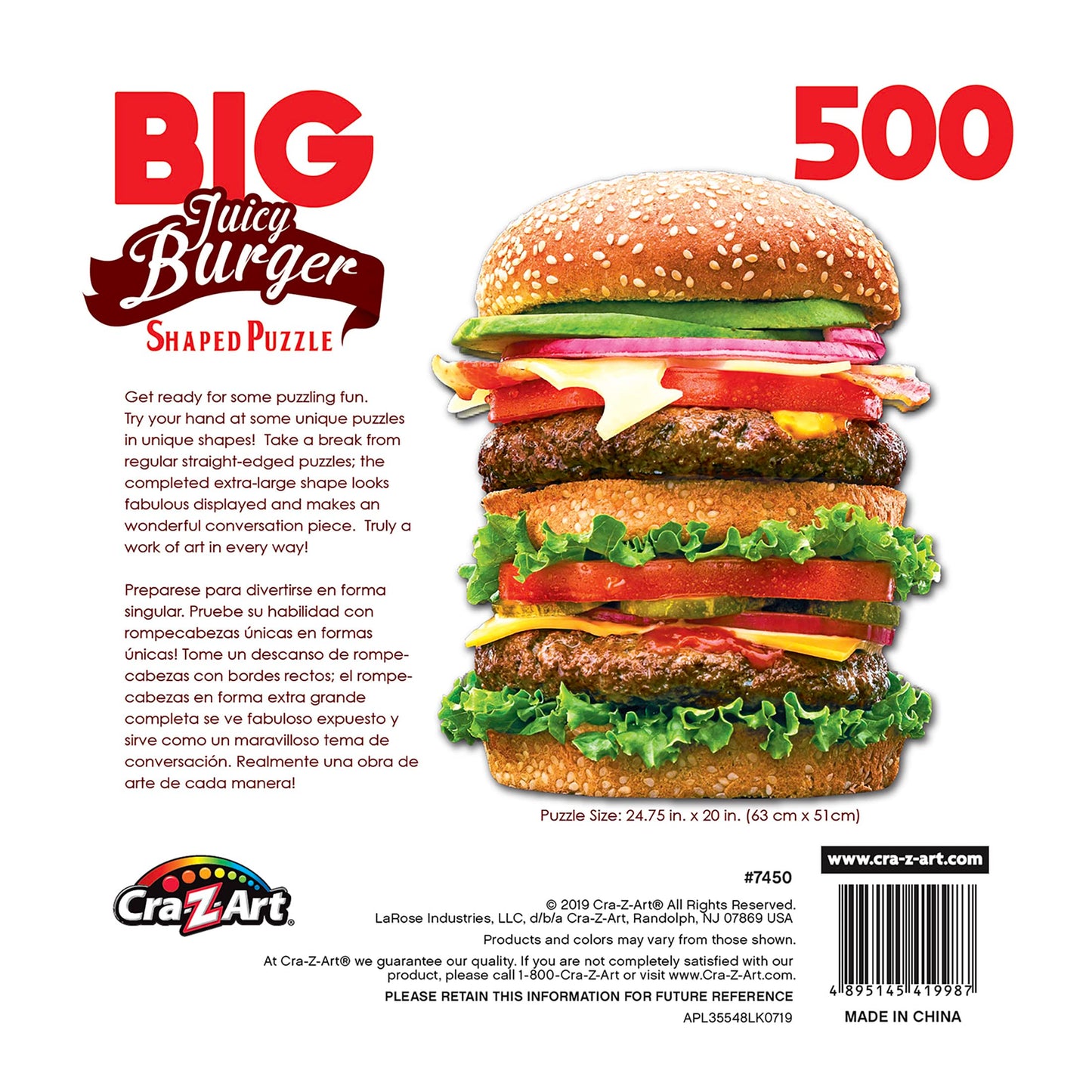 RoseArt 500 Piece Jigsaw Puzzle - Big Shaped Juicy Burger, Multicolor, 27" x 12", Model 7450ZZB for Adults