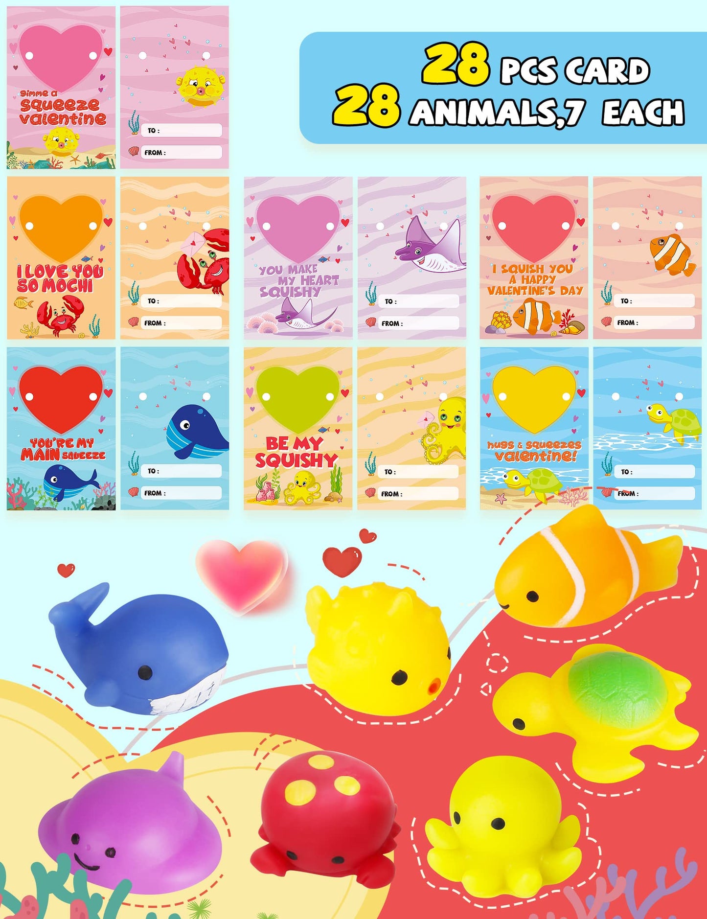 Feltom 28 Pack Valentines Day Cards Gift For Kids With Mochi Squishy Toys Set To Squeeze, Valentine School Classroom Exchange Pr