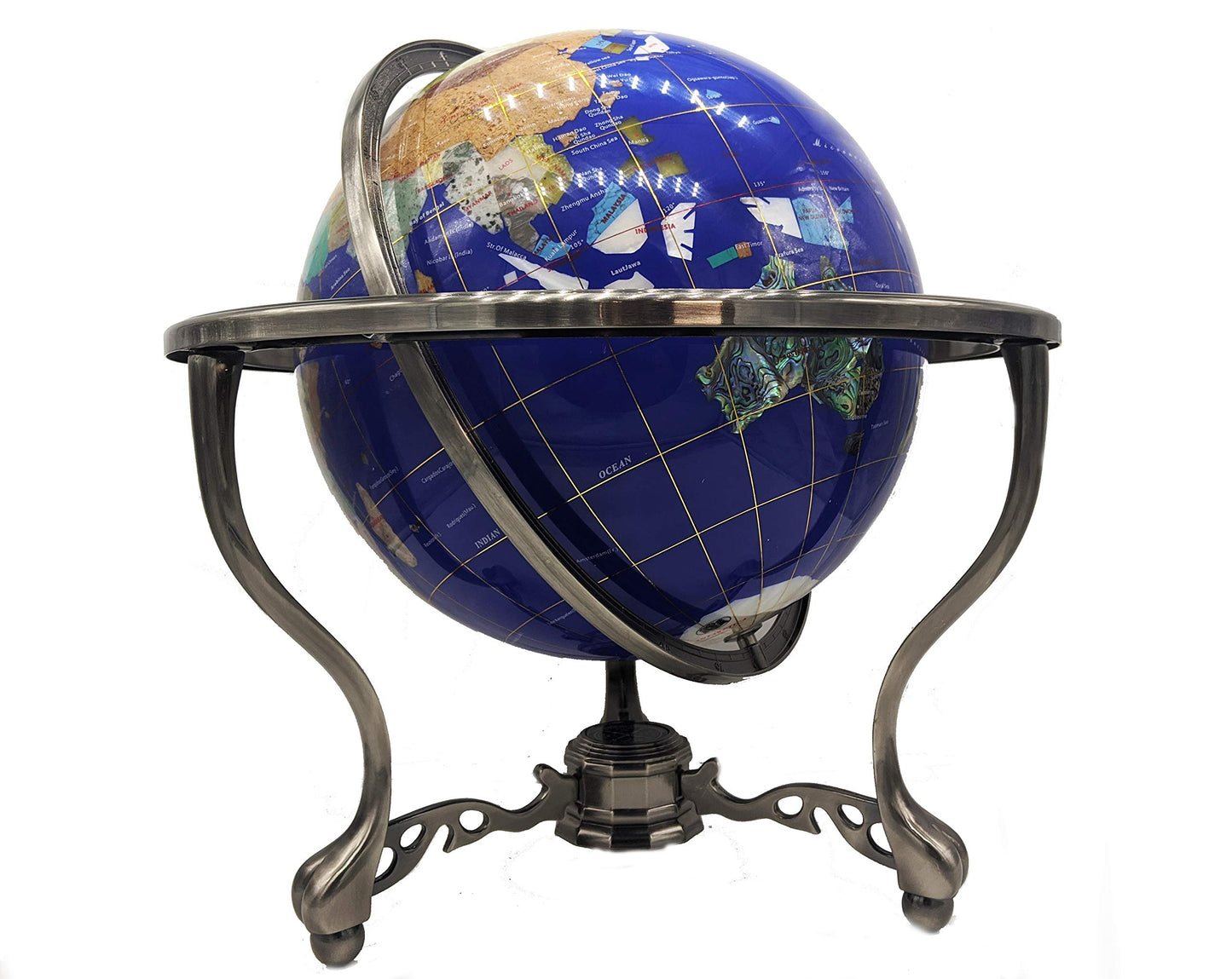 Unique Art 21-Inch Tall Blue Lapis Ocean Table Top Gemstone World Globe With Silver Tripod And Separated State Stones