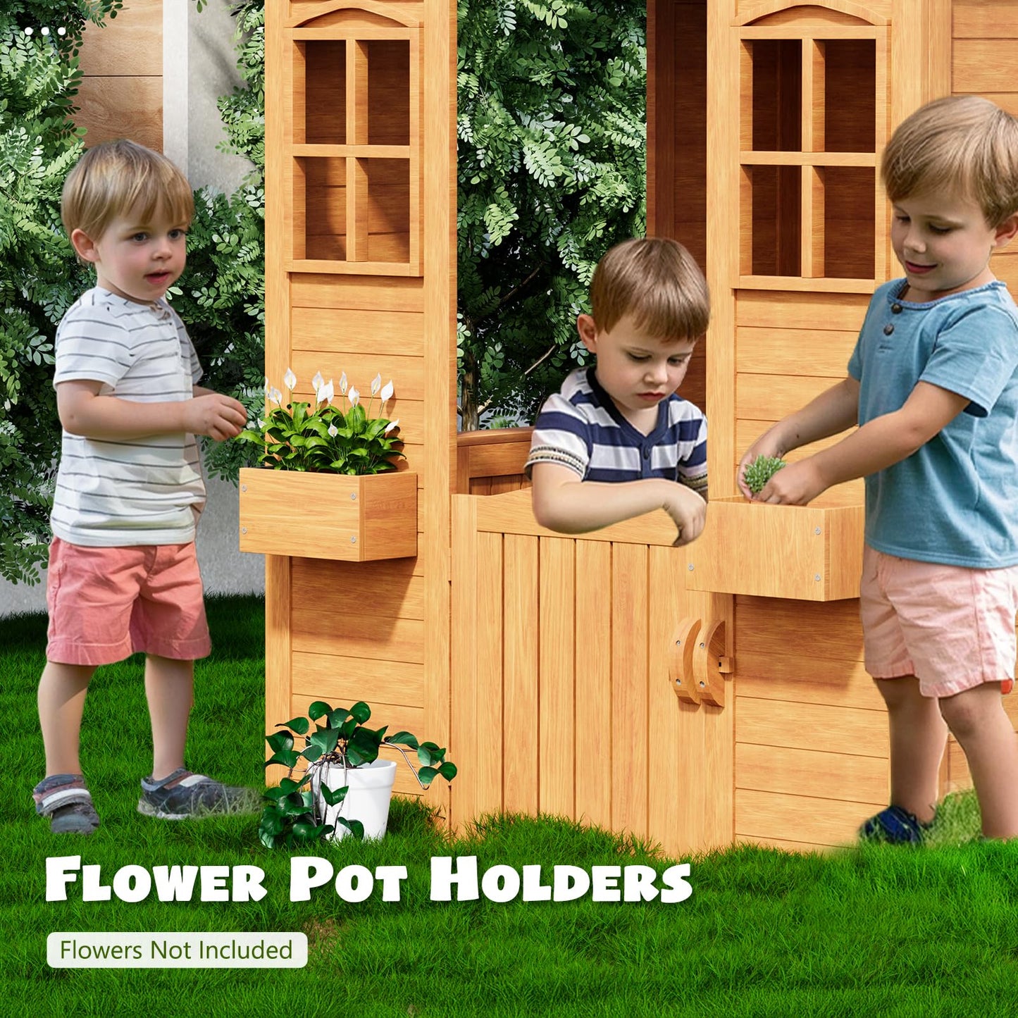 All Spruce Outdoor Kids Playhouse, Toddler Playhouse Wooden Playhouse For Kids Ages 3-10, With Sink, Stove, Flower Pot Holders,