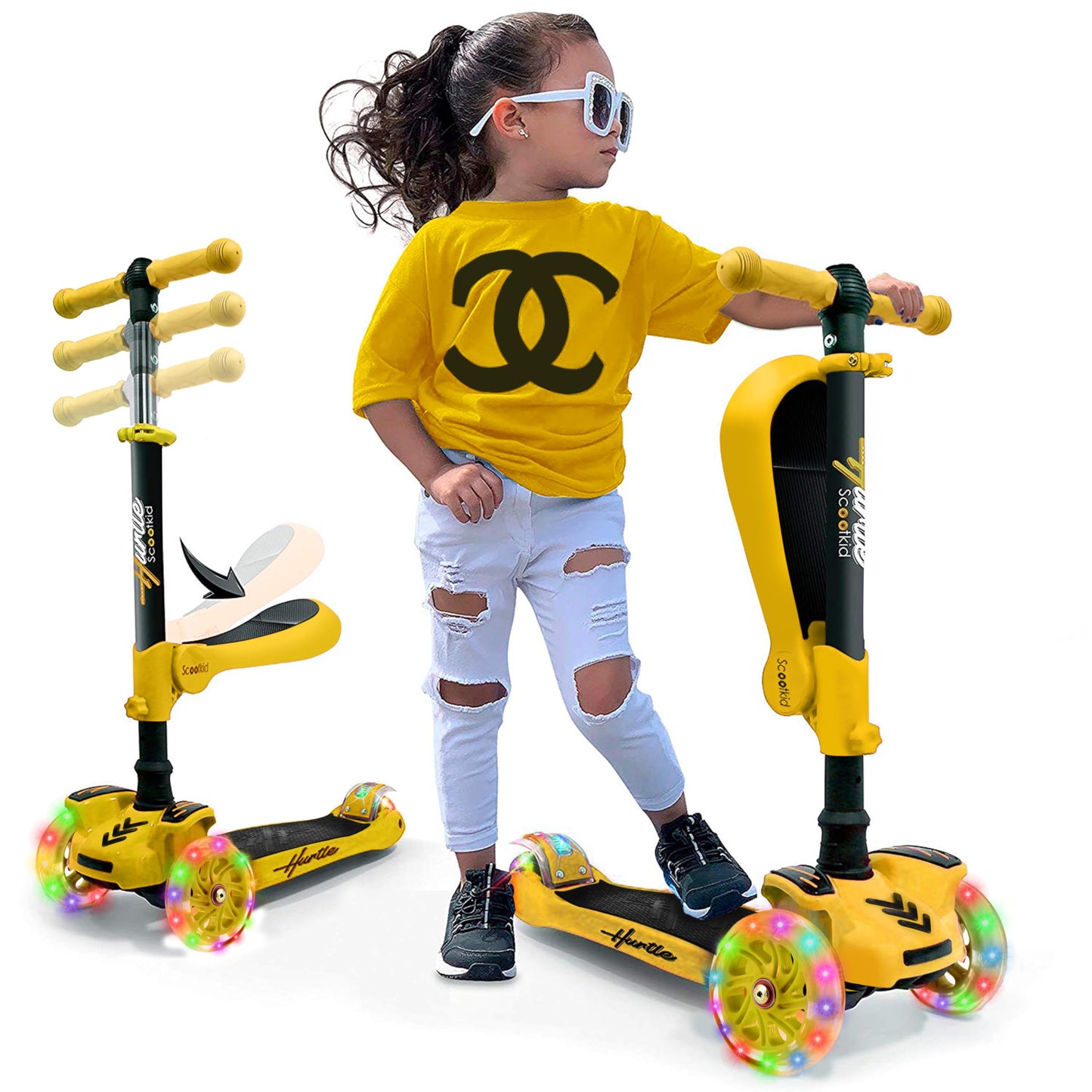 Hurtle Kids Scooter - Child Toddler Kick Scooter Toy With Foldable Seat - 3 Wheel Scooter With Adjustable Height, Anti-Slip Deck