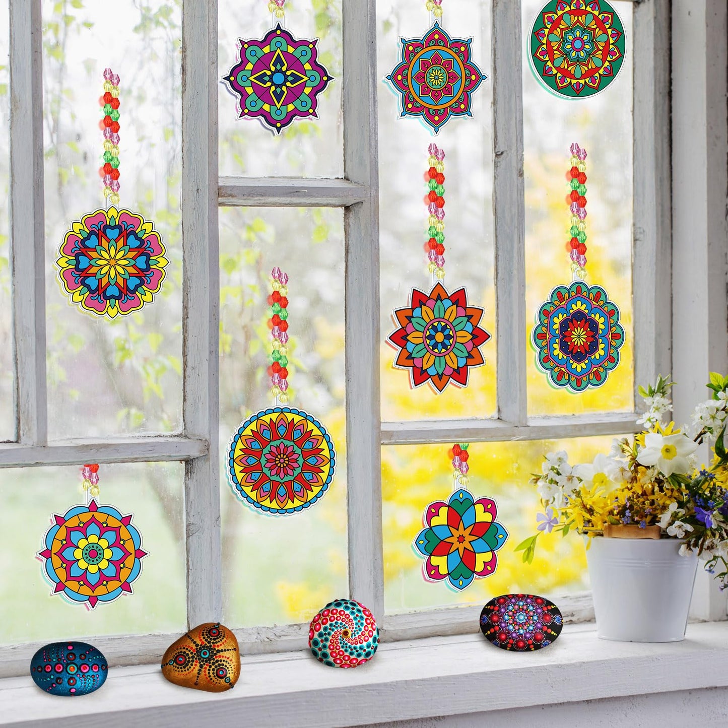 Pasimy 36 Sets Mandala Suncatchers Paint Craft Kits Mandala Flower Window DIY Hanging Ornaments Decorations Paint Your Own Sprin