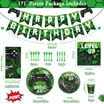 172 Pieces Video Game Party Decoration Set Game Happy Birthday Banner Gamer Party Supplies Plastic Tablecloth Paper Plates Table