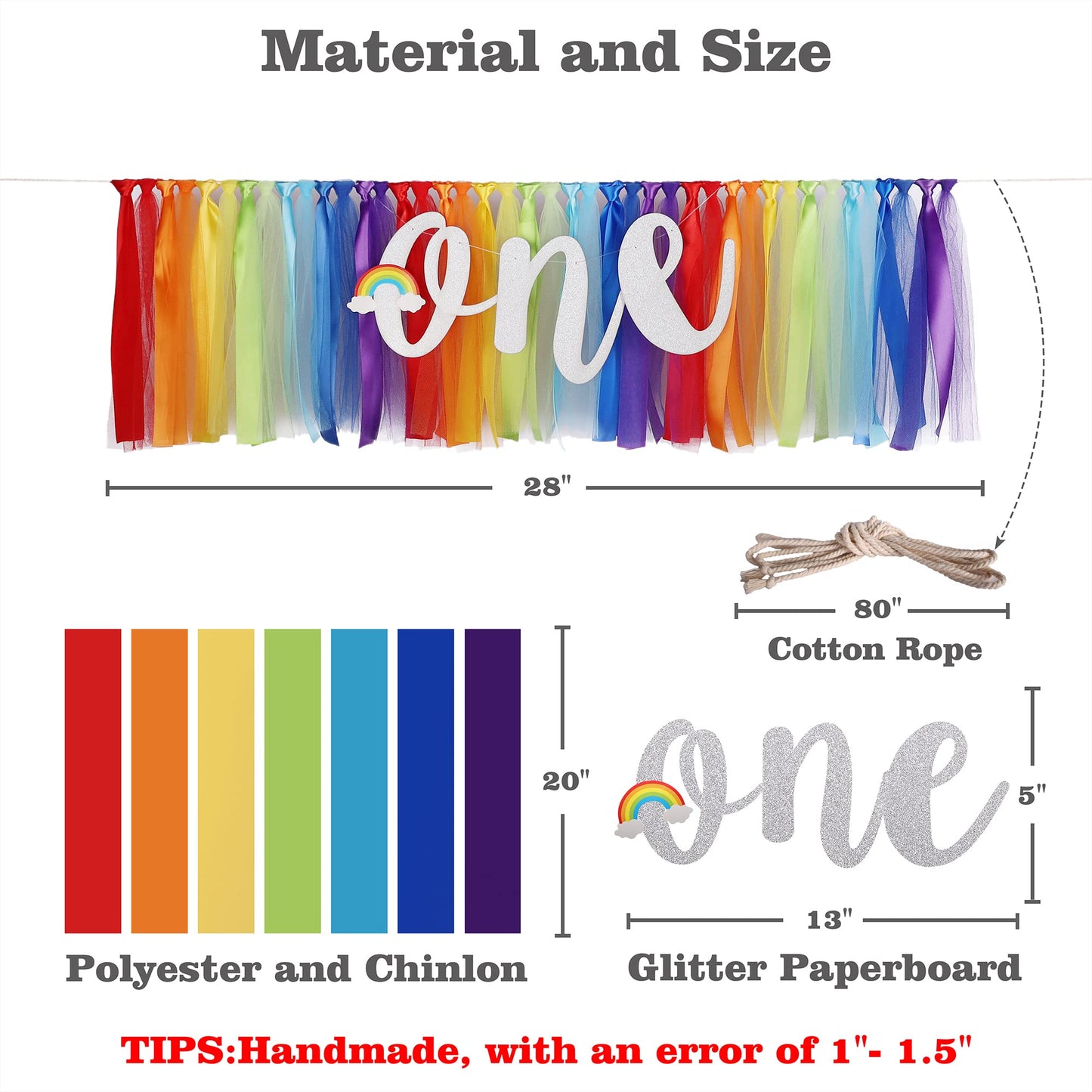 Rainbow Highchair Banner Decoration For Baby - Party Theme Pull Flag, High Chair Fabric Garland, One First Birthday Banner, Phot