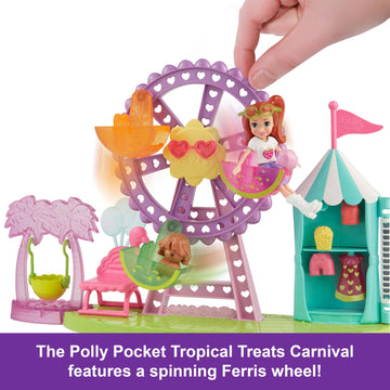 Polly Pocket Doll & Playset, Tropical Treats Carnival Food-Themed Toy Includes 3-Inch Doll, 1 Puppy, 10 Accessories & Spinning F