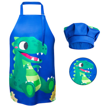 R HORSE Kids Aprons Chef Hat Sets Blue Cute Dinosaur Cooking Aprons Toddler Chef Hat Waterproof Art Painting Apron Boys Kitchen