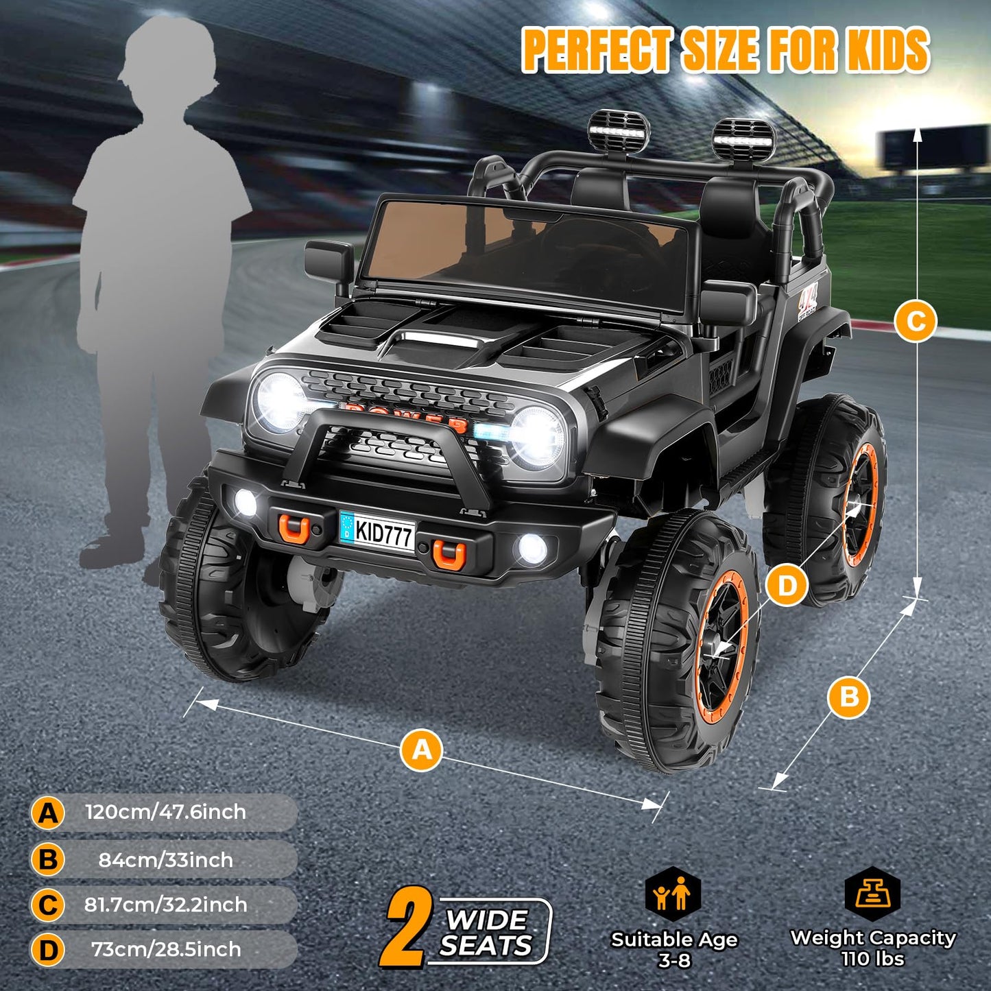 Hikole 24V Kids Jeeps Ride On Car With Width Seat, 2 Seater Battery Powered Electric Car, 4X100W Powerful Engine,Soft Braking,Remote Control, 24 Volt Ride On Toy For Boys Girls, Black