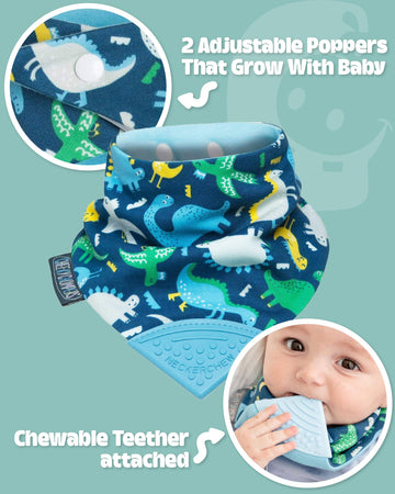 Cheeky Chompers 2-in-1 Baby Dribble Bib & Teether, Cotton, Reversible, One Size, Baby Dino, Model CCNCDINOF
