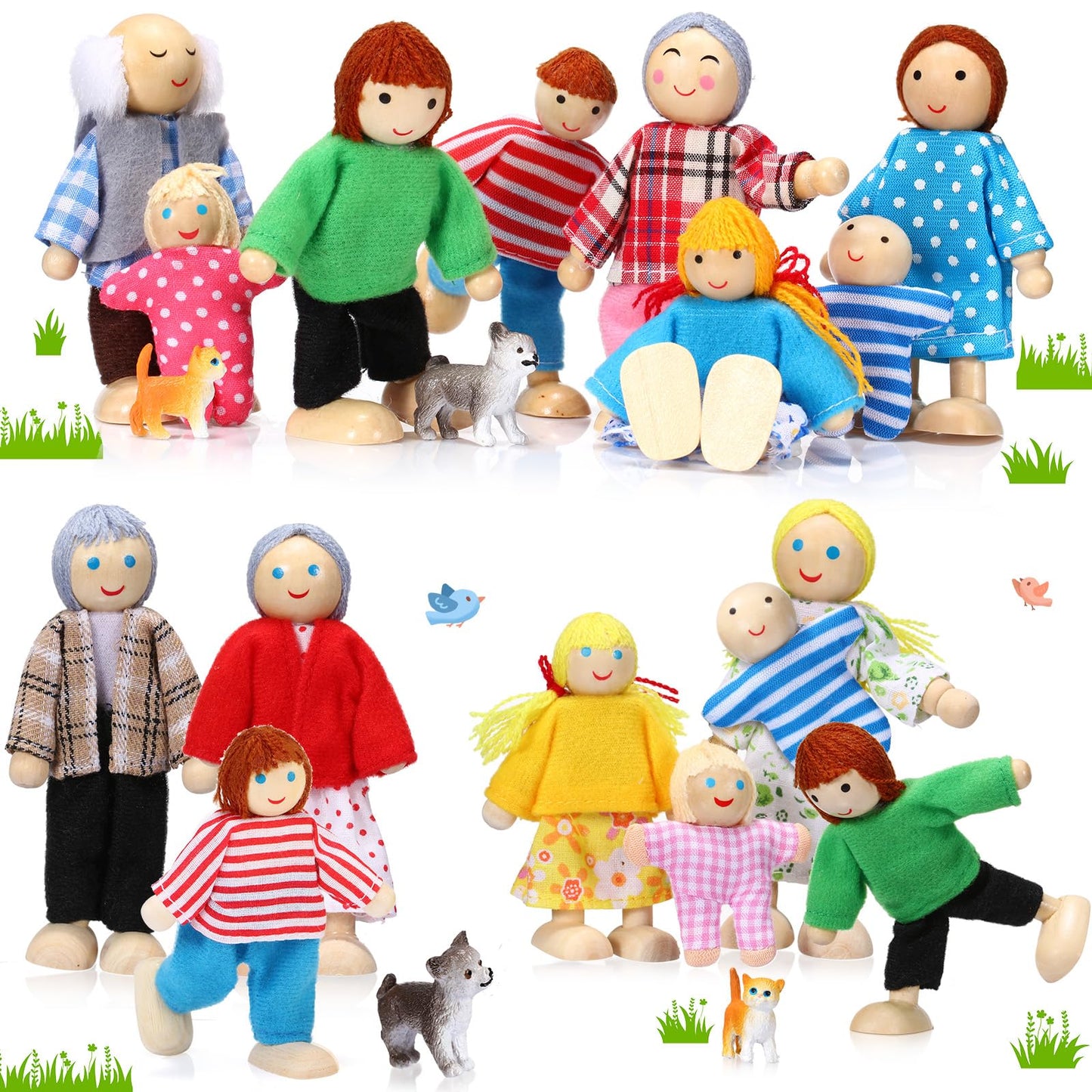 Skylety 20 Pcs Wooden Dollhouse Family Set Of 16 Mini People Figures And 4 Pets, Wooden Dollhouse Dolls Family Cosplay Figures Accessories For Pretend Toy(Vivid Style)