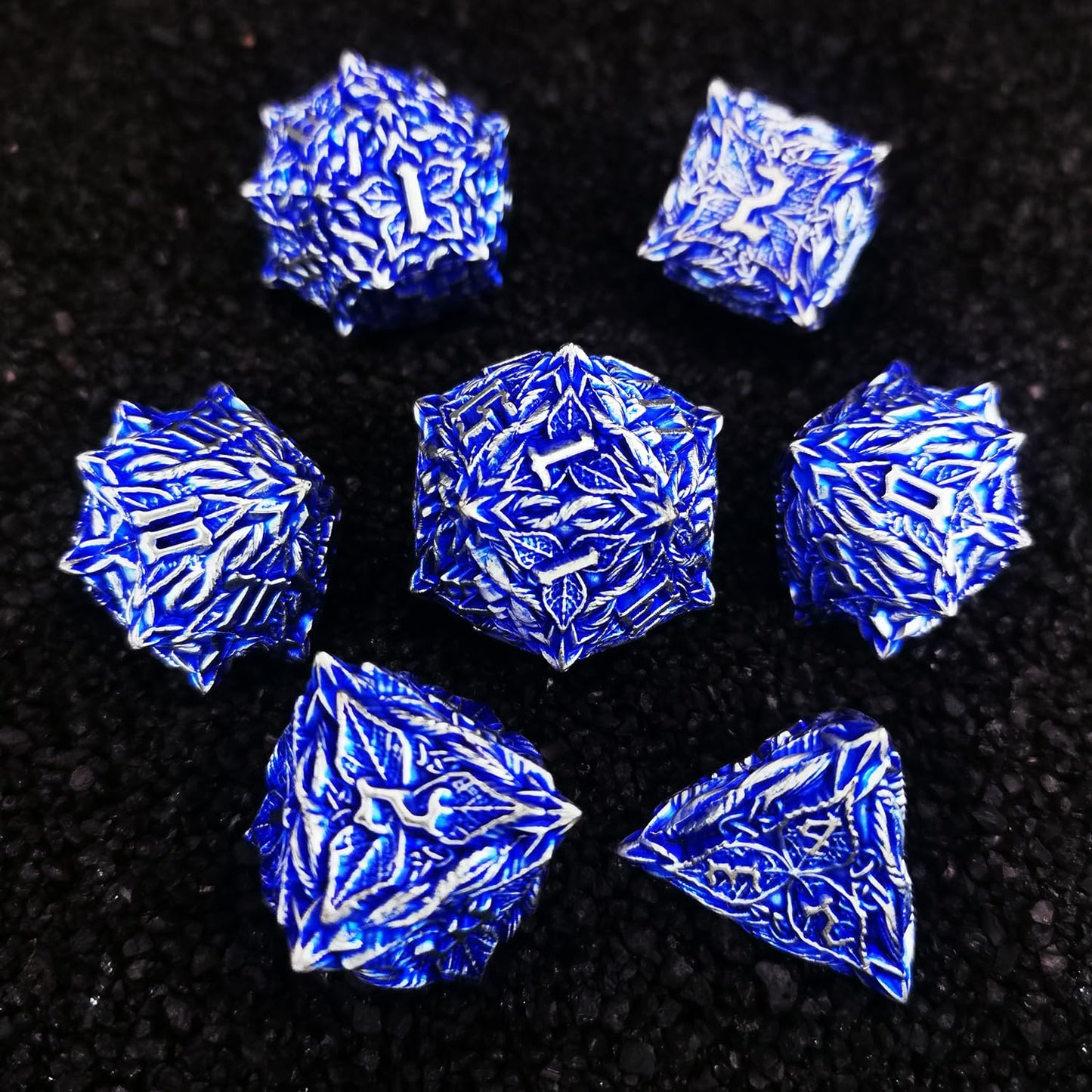 Mjdiceok Dnd Metal Dice Vine Leaf Set - 7 Role Playing Polyhedral D&D Solid Dungeons And Dragons Dice (Silver Blue)