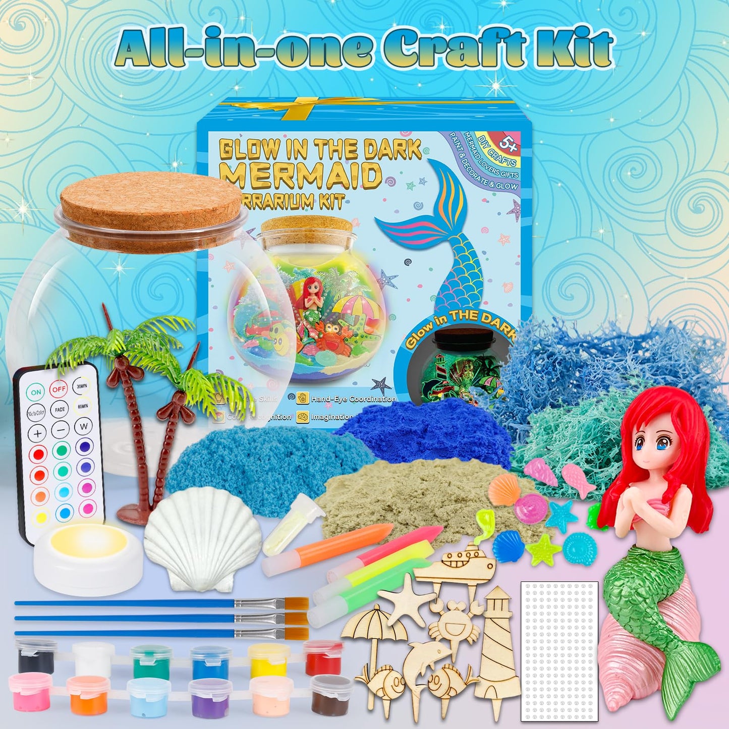 Mermaid Terrarium Kit For Kids - Arts & Crafts Activities Sets With Glow In The Dark Painting - Diy Mermaid Toys Birthday Gifts For Girls Age 5, 6, 7, 8, 9, 10, 11 & 12 Year Old(Mermaid Terrarium)
