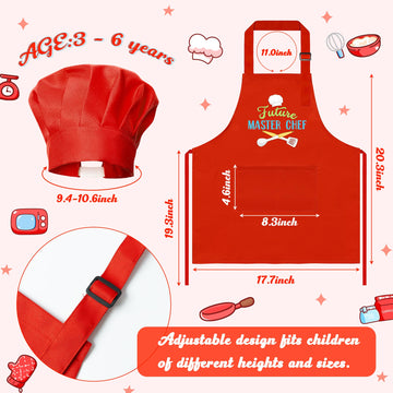 R HORSE 2Pcs Kid Apron and Chef Hat Set Adjustable Children Red Kitchen Apron Cooking Baking Painting and Training Kits Dress up
