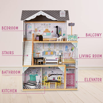 Lil' Jumbl Kids Wooden Dollhouse, With Elevator, Balcony & Stairs, Accessories & Furniture Included X-Large 3 Story Easy To Assemble Doll House Toy