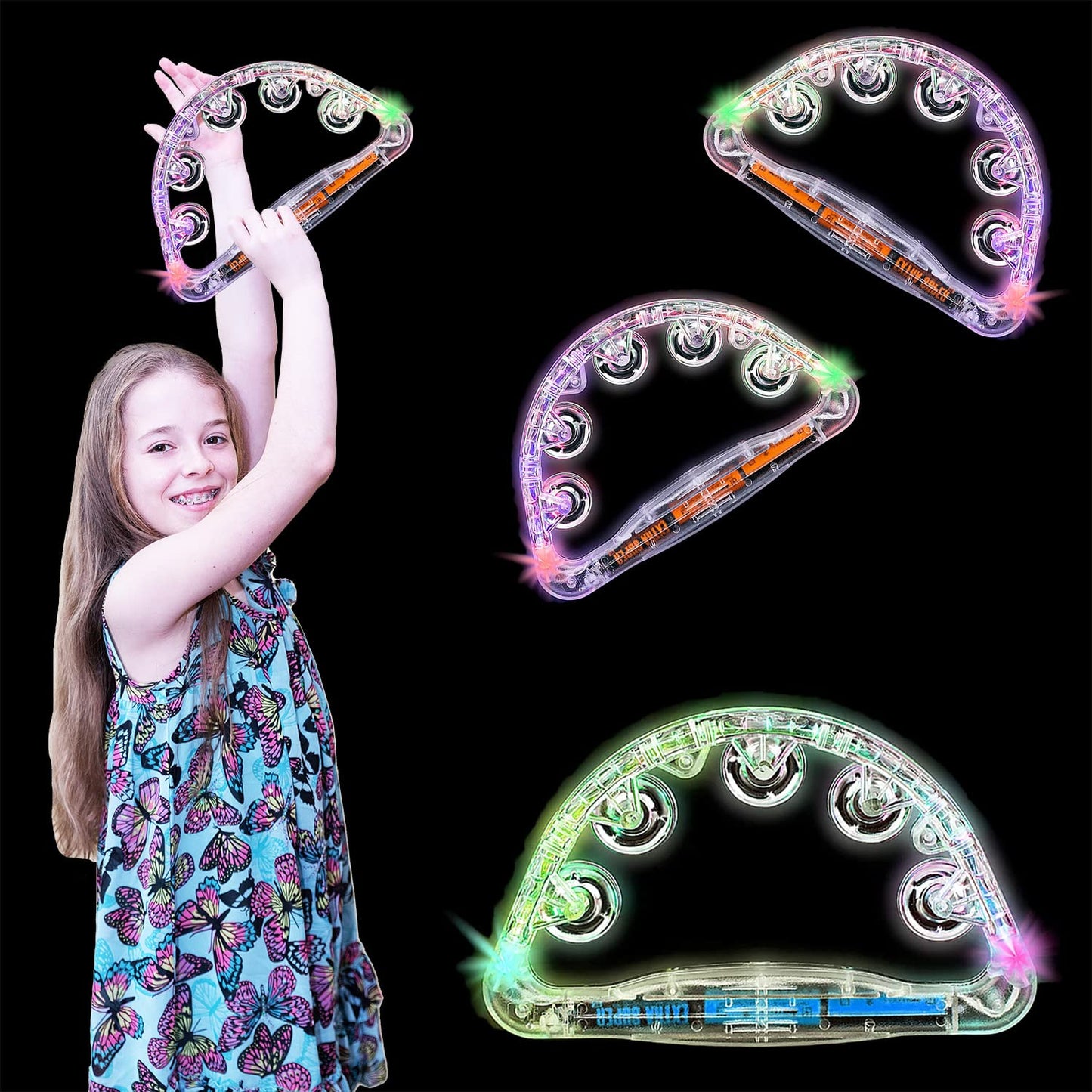 The Dreidel Company Flashing Tambourines Hand Held, 9'' Inch Tambourine Flashes In Assorted Colors, Ring Metal Jingles Percussio