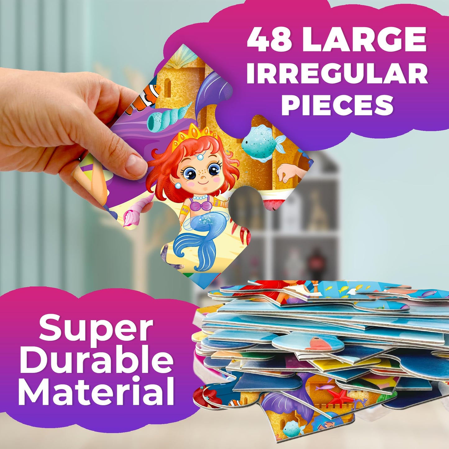 Quokka Giant Floor Puzzles For Kids Ages 4-6 - 2X3 Feet Extra-Thick 48 Pieces Toddler Puzzle Ages 3-5 – Mermaid Educational Activity For Boys Girls – Premium Box With Sturdy Handle & Magnetic Closure