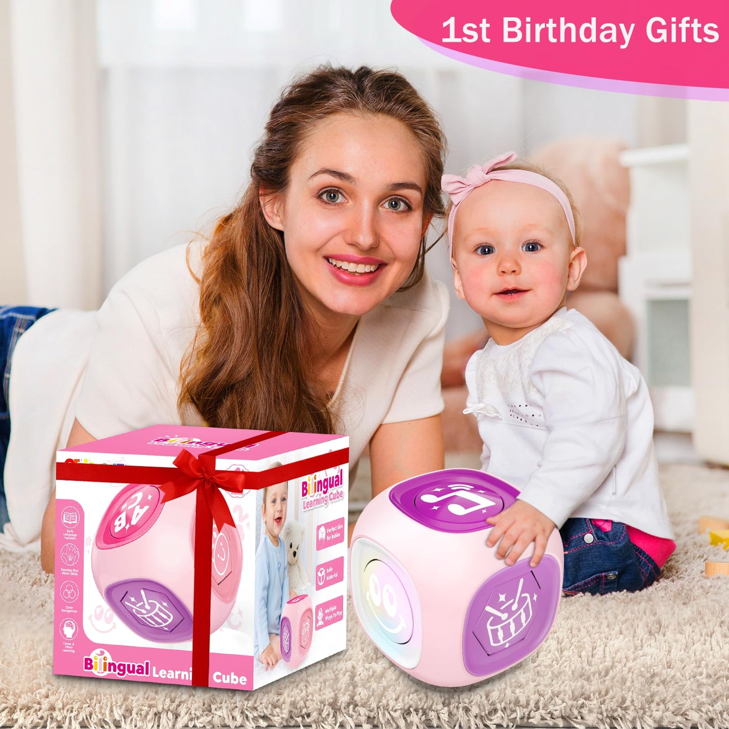 Learning Cube Toys For 1+ Year Old Girl, Bilingual Cube With Music & Light, Educational Toy For Toddler Age 1-2, Early Learning Musical Baby Toys 12-18 Month, Christmas Birthday Gifts For Kids Aged 1+
