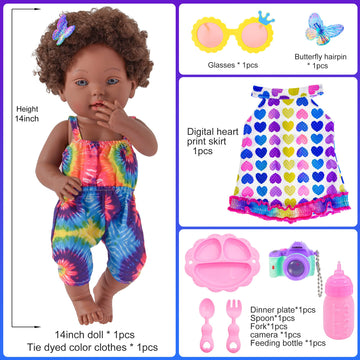 Dollbie 14 Inch Reborn Baby Dolls Black African American Baby Doll With Hair Doll & Accessories (1 Doll+2 Sets Clothes+7 Pcs Acc