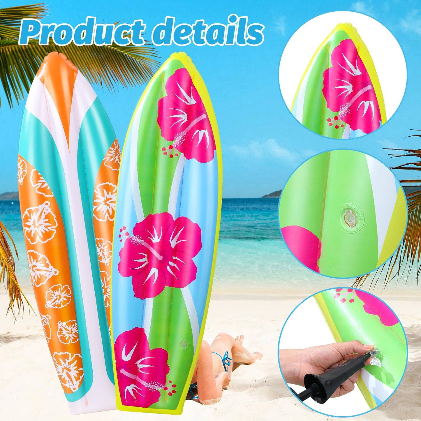 JellyArch 4 Pcs Inflatable Surf Board 36 Inch Inflatable Pool Floats Luau Hawaiian Party Decorations Tropical Flower Blow up Sur