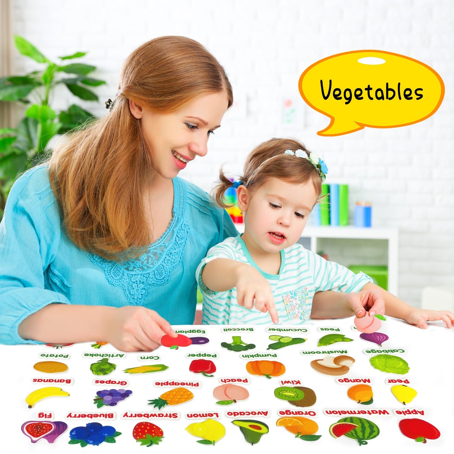 PENGFULL Felt Fruits and Vegetables Learning Pieces,62 Felt Board Pieces for Felt Flannel Board,Learn Common Fruits and Vegetabl