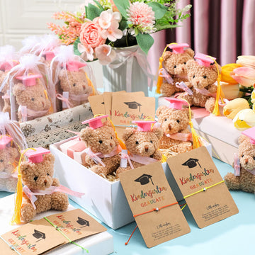 Motionchic 50 Pcs 2025 Kindergarten Graduation Bear Bulk Set with 25 Graduation Gift Mini Stuffed Bears 25 Wish Bracelet Organza