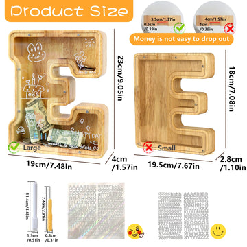 weallbuy Large Letter Piggy Bank for Kids Boys Girls Wooden Personalized Piggy Banks A-Z with Target Area Clear Alphabet Banknote Coin Banks for Gift Decoration Baptism (E)