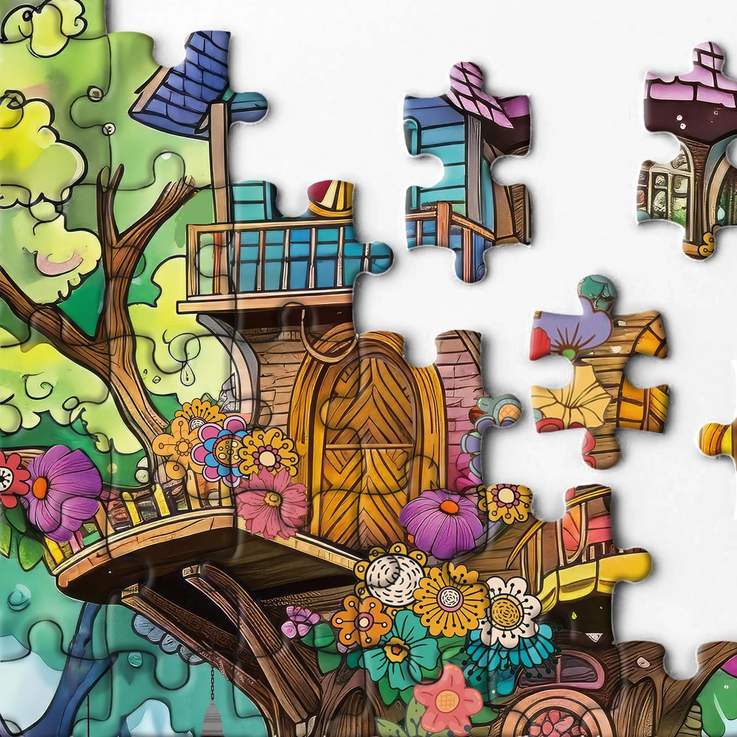 Fantasy Magic Treehouse Puzzles For Adults 1000 Piece, Funny Nature Tree Jigsaw Puzzle, Colorful Plant Flower Puzzle