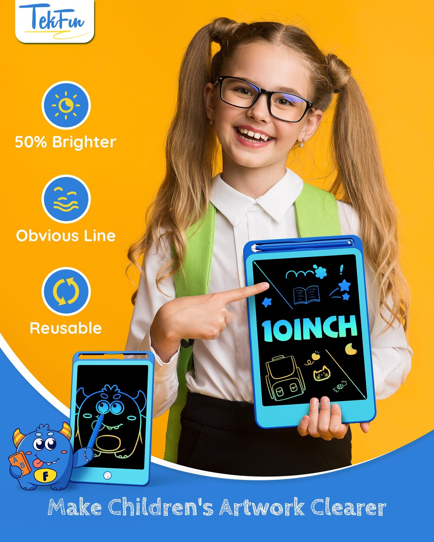 Tekfun 2 Pack Lcd Writing Tablet For Kids, 10 Inch Blue+Blue Doodle Board Drawing Board Reusable Drawing Tablet With Lanyard, Ed