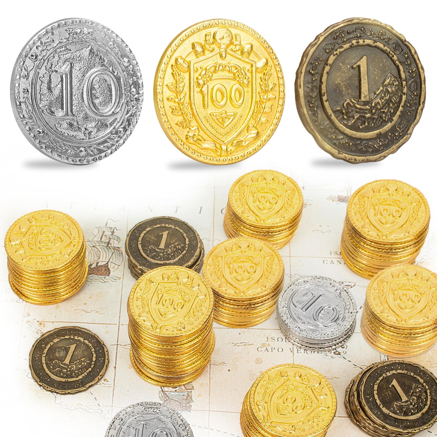 Byhoo 50 PCS Metal DND Coins, 1.2'' Gold Silver Copper Tokens with Face Value for Board Game and Tabletop RPG, Fantasy Metal Coi