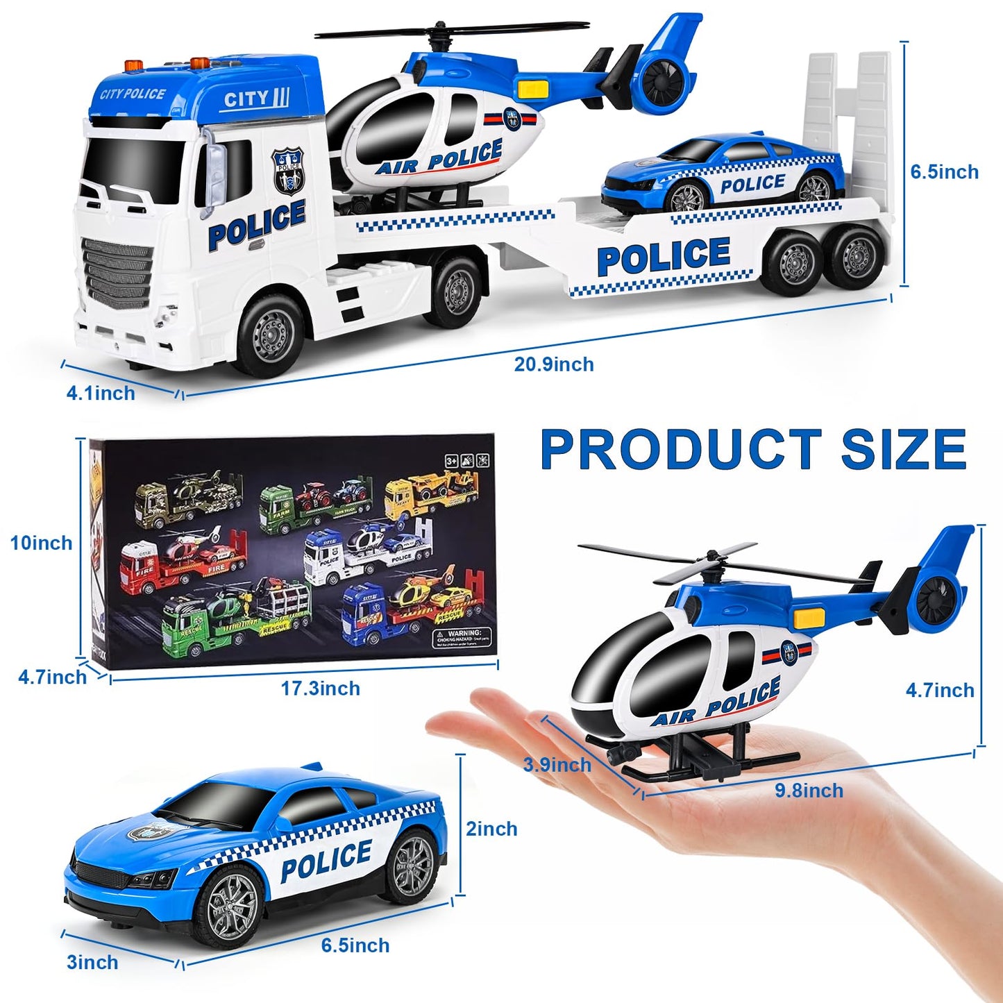 Zhfuys 25.6'' Semi Truck Toy, Big Truck Toy With Police Car And Helicopter, Police Toys With Sounds & Lights, Great Gift For 3+Y