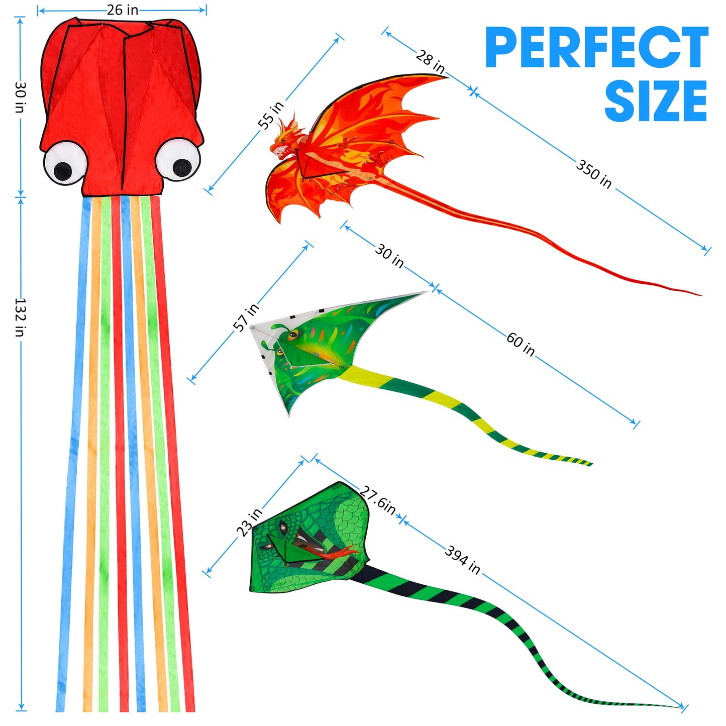 4 Pack Kites - Large Fire Dragon Kite Green Snake Kite Devil Fish Kite Red Mollusc Octopus With Long Colorful Tail For Kids Adul