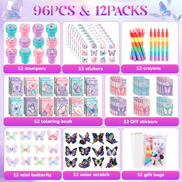 BenLouis Butterfly Party Favors Set - 96Pcs Coloring Books, Crayons, Stickers for Kids, Birthday Decor & Classroom Gifts