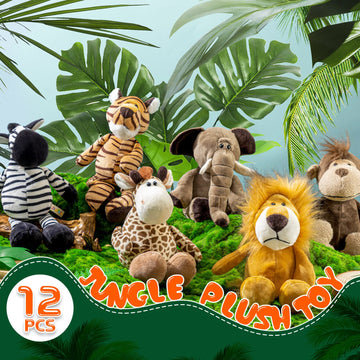 12 Pieces Safari Stuffed Animals 11.8 Inch Jungle Animal Toys Set Boys Girls Plush Forest Animals Lion Elephant Zebra Giraffe Ti