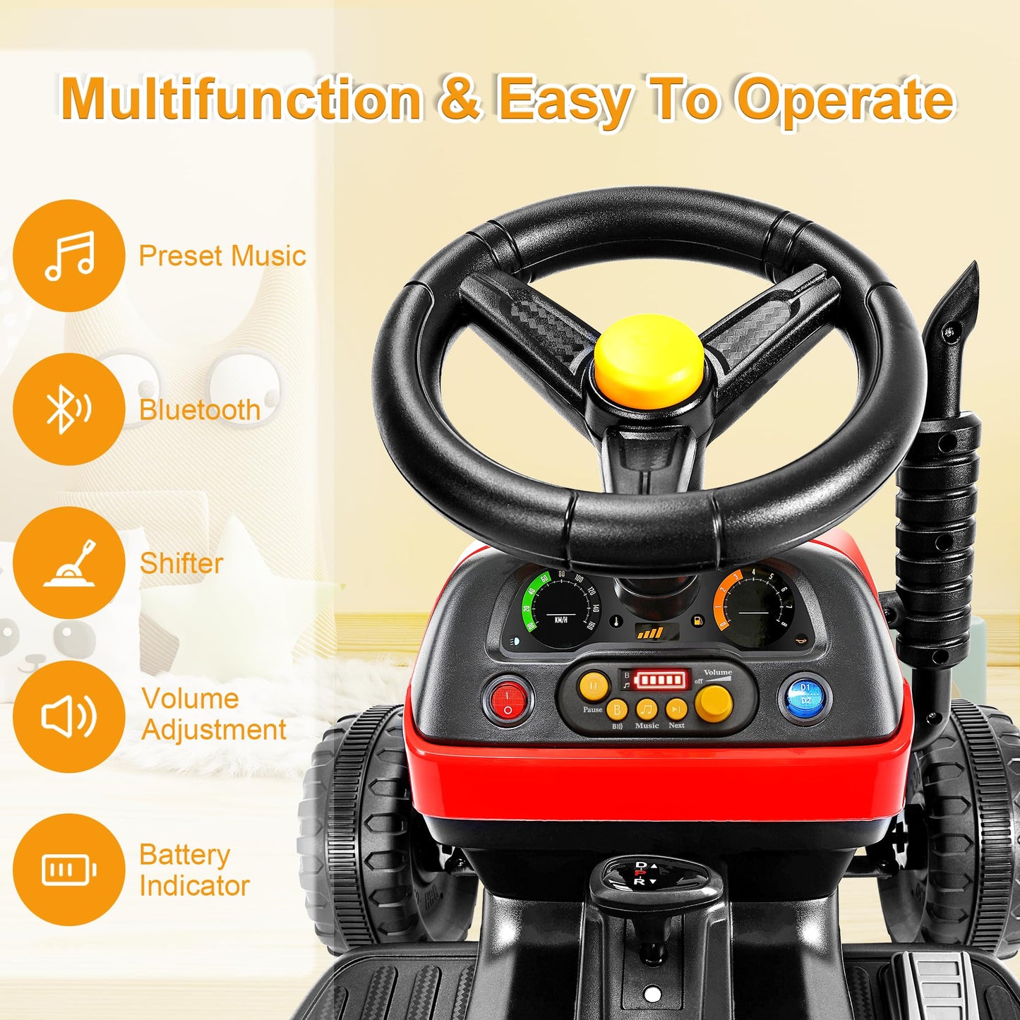 Arbeli 12V 7Ah Ride On Tractor W/Tiltable Trailer & Remote Control, 2X45W Motors, Bluetooth, Music, Shifter, Electric Car For Ki