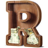 Customized Name Large Wooden Piggy Bank For Kids Boys Girls Alphabets Letter A-Z Coins Bills Money Change Bank Box Initial On Clear Cover (Laser Engraved) (Alphabet-R, Initial-12)