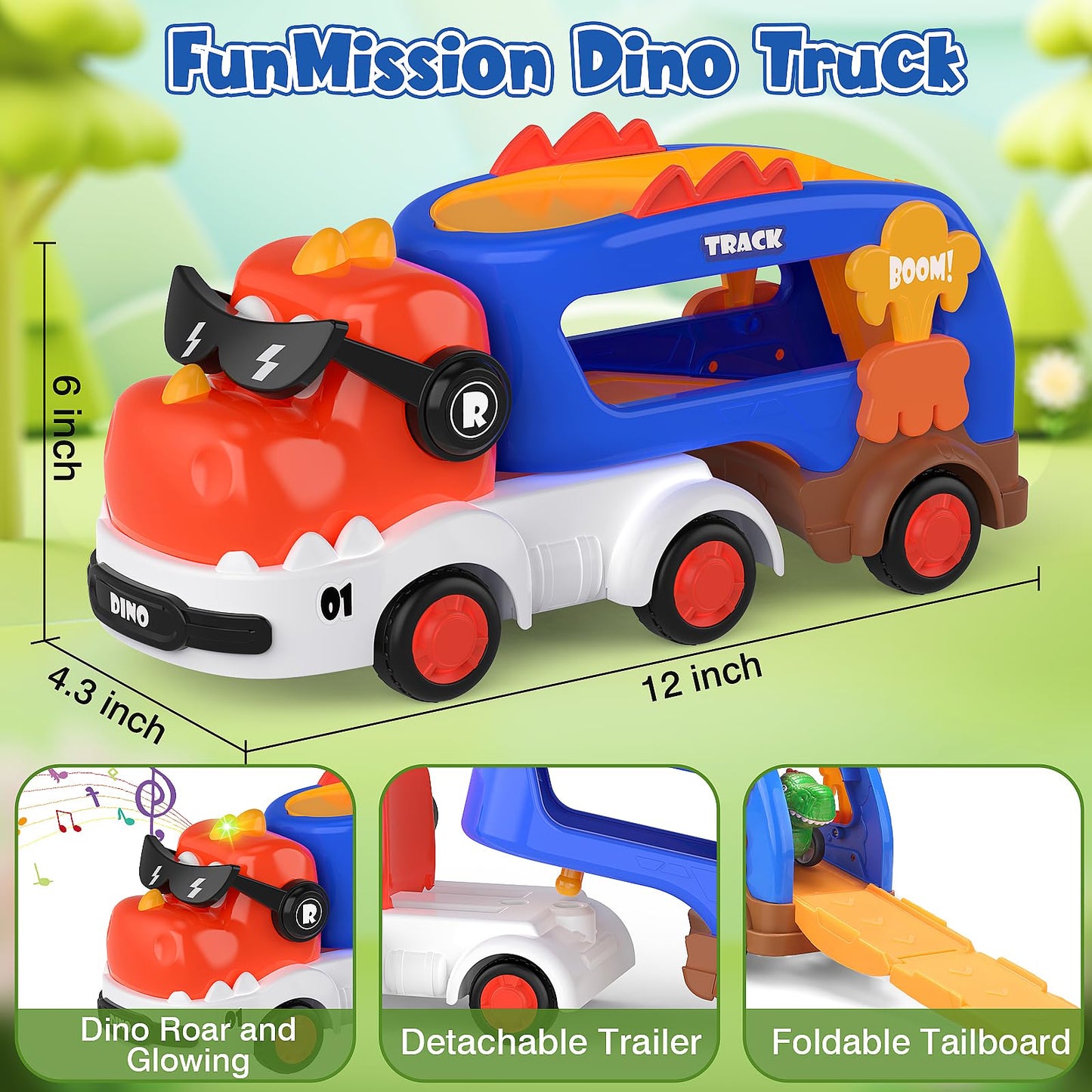 Funmission 5-In-1 Dinosaur Toys For Kids 3-5, Dinosaur Truck With 4 Pack Small Pull Back Dino Car, Dinosaur Cars Set, Birthday,