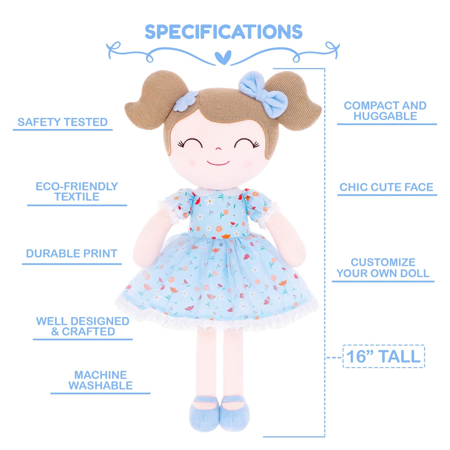 Gloveleya Personalized Doll With Your Name - Cute Floral Blue Custom Soft Plush Doll For Girls Plush Doll Customized Gifts - Muñecas De Trapo Personalizadas Para Niñas
