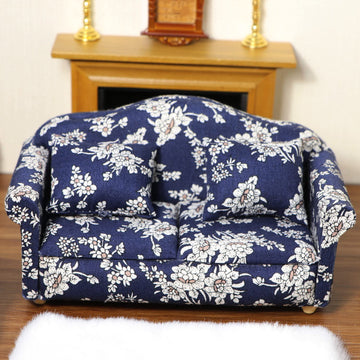 Dollhouse Couch Miniature Sofa With Pillows Dollhouse Living Room Funiture 1:12 Scale Model 3 Pcs High Simulation Upholstered Wooden Fabric Armchair Mini Room Artificial House Scene Decoration (Blue)