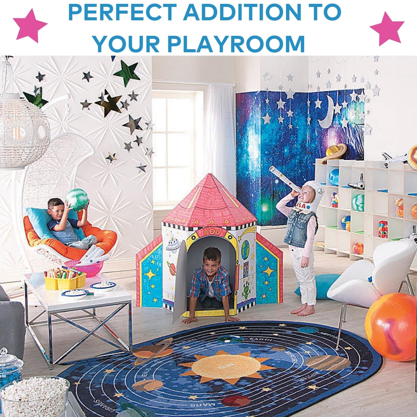 Fun Express Rocket Cardboard House for Kids - 5-Foot Tall Rocket Cardboard Playhouse for Kids, Hours of Creative Fun, Fuel Your